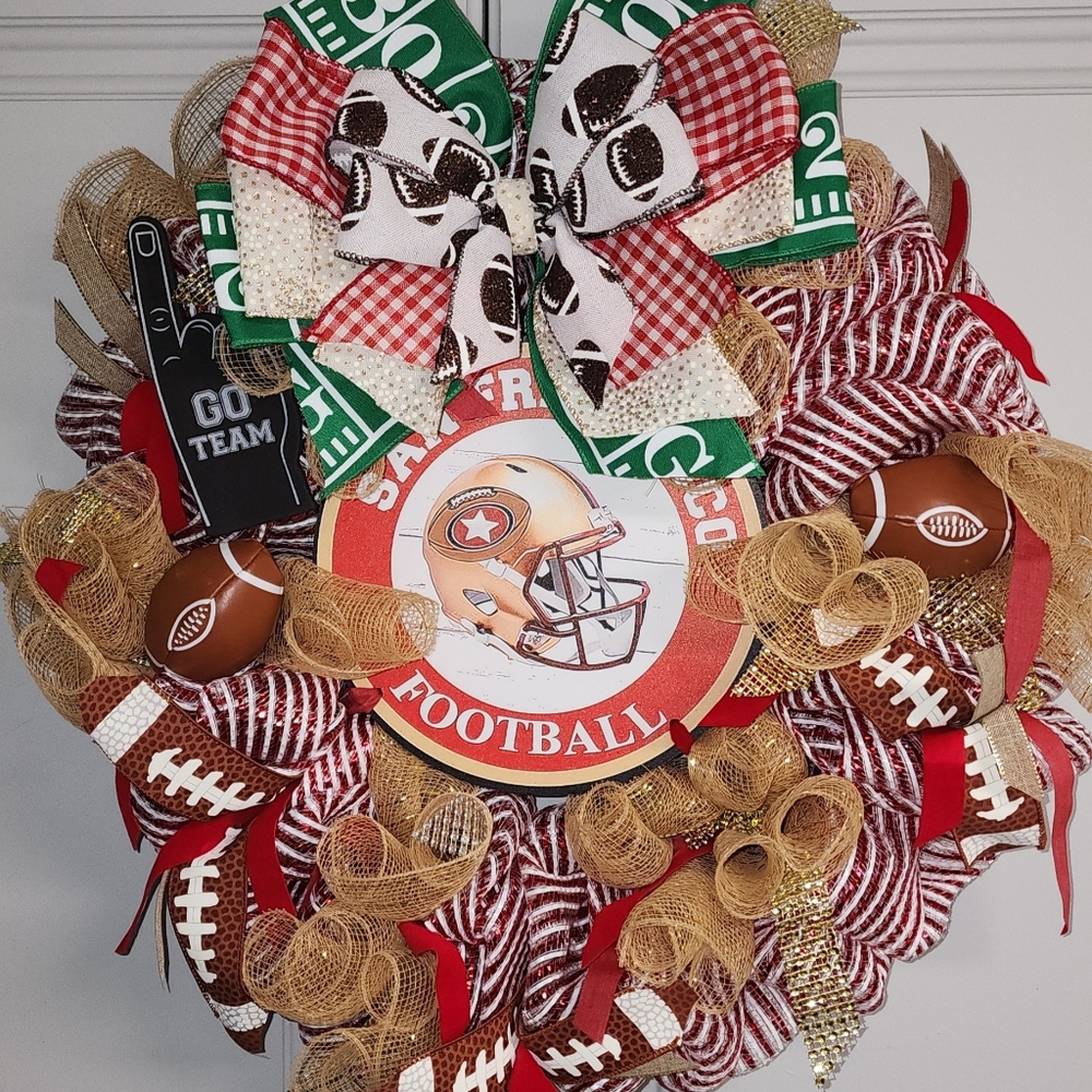 San Fransisco 49ers Football Wreath with Red and Gold Accents